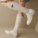 Women Knee-high Mesh Bota V-mouth Breathable Net Knight Boots Thick Bottom Hollow Shoes Chunky Low Heel Sapatos