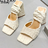 Fashion Triangle High Heels Gladiator Sandals Women Summer Corduroy Square Toe Ankle Lace-Up Lady Party Dress Shoes