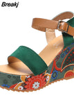 Dropship Platform Wedges Woman Sandals 2023 Summer New Women Floral Pattern Ankle Strap Sandals Fashion Green Wedge