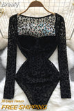 See Through Mesh Bodysuit for Women Black Square Collar Long Sleeve Skinny Velvet Body Tops Club Party