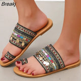 Women's Bohemian Sandals Summer Flats Female Casual Peep Toe Shoes Slip on Rhinestone Strappy Sandalias for Women New
