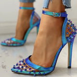 Brand Sexy Thin High Heels Party Summer Sandals Shoes Woman Pointed Toe Rivets PVC women's ankle-strap Lady