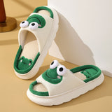 Cute Frog Home Slippers for Women Thick Sole Non Slip House Shoes Woman Cotton Linen Couple Indoor Slippers Funny