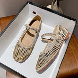 Crystal Pearl Flat Shoes Woman Square Toe Office Lady Luxury Shoes Big Size Mary Janes Shoes 2024 New Spring Single