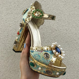 Luxury Brand Women Platform Sandals Crystal Embroidery High Heel Sandalia Feminina Buckle Strap Rhinestone Wedding