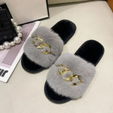 Fur Slippers 2024 New Fashion Chain Design Women Home Slippers Winter Indoor Open Toe Flat Non-slip Leisure Female