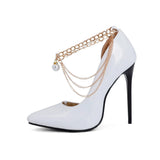 Office Lady Classic Pumps Spring Autumn Thin Extreme High Heels 12cm Stilettos Chain Decorate Glossy PU Leather Party