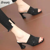 42 Block Heel Sandal Shoes Women Heels Slippers Women Summer Fashion Casual Crystal High Heel Slipper for