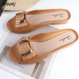 Women Summer Slippers 2023 New Square Buckle Casual Peep Toe Beach Shoes Fashion Flat Chunky Heels Sandalias Zapatillas