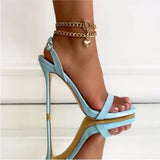 Women Crystal Chain Sandals Ladies Gladiator Square High Heels Female Open Toe Buckle Strap Pumps Woman Casual Shoes Plus