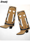 Retro Woman Long Boots Genuine Leather Sewing Embroider Strange Heels Animal Picture Pointed Toe Women Knee High