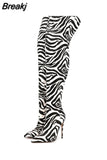 2023 New Women Over The Knee High Heels Boots Sexy Ladies Zebra Style Pointed Toe Stiletto Heels Long Botas