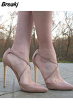 Women Patent PU Cross Strap Stiletto Pumps Pointed Toe 10cm High Heels for Elegant Ladies Chic Dress Shoes QP101