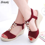 Summer Ladies Platform Wedge Sandals with Rhinestone Red Beige Casual Comfortable Slope Heel Open Toe Shoes Women's