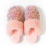 Sequins Home Fur Slippers Women Winter Keep Warm Plush Flat Cotton Shoes Woman Indoor Bedroom Soft Sole Fluffy