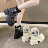 Boots Rock Shoes Woman Round Toe Lace Up Plush Winter Footwear Boots-Women Med Lolita Fur 2023 Autumn Ankle Solid Rome