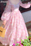 Vintage Long Sleeve Dress Woman Fairy Elegnat Floral Midi Dress Evening Party One Piece Korean 2023 Summer Chiffon