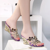 Version 2024 Summer New Women's Sandals Leather Diamond Slope Heel Women's Sandals High-Heeled Crystal Diamond