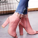 Boots Faux Suede Leather Casual Open Peep Toe High Heels Zipper Fashion Square Rubber Black Shoes For Women Plus Size