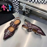 High Quality Women Sandals Pointed Toe Belt Buckle Flat Leather Femme Shoes Fashion Thick Bottom Sandals Designer