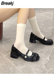 for Woman 2023 Square Heels Women's Summer Footwear with Medium Mary Jane Black Japanese Style Lolita Gothic Pearl