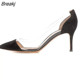 Clear PVC Transparent Thin Heel Pumps Slip-On 5CM High Heels Point Toes Women Party Nightclub Shoes Black Size