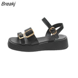 Women's Flat Casual Sandals 2023 New Square Toe Open-toe Metal Buckle Platform Sandals Wedges Rome Shoes for