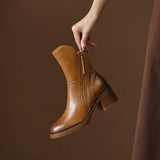 Women's Boots Autumn Leather Short Boots for Women Round Toe Chunky Heel Retro Brown Female Zipper Ankle Boots Botas