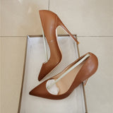 brown pumps PU leather 12cm high heeled shoes women fashion ladies sexy pointed toe plus size 45 YG001