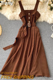 Korean Style Women Vintage Dress Autumn Winter Spaghetti Strap Sleeveless Belted A-line Midi Work Party