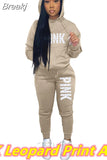 Two Piece Set Women Hooded Sweatsuits Fashion Pink Letter Leopard Print Tracksuit Casual Female Outfits Streetwear