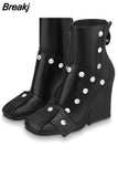 Women Chelsea Boots Luxury Designer Shoes Metal Decoration Rivet Women High Knee Boots Zipper-Sid Chunky Heels Western
