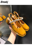 Womens Shoes 2023 Beige Heeled Sandals Square Toe Med Mary Jane Buckle Strap Luxury Comfort Black High Rhinestone