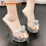 Summer Transparent Crystal Shoes Women's Platform Fashion New Slippers 15CM Ultra High Heels Sandals Rhinestone Bow