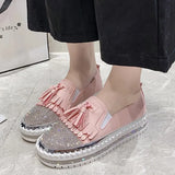 43 Luxury Crystals Round Toe Flats Women Pink white Bordered Fringe Platform Casual Female Rhinestone Women Shoes