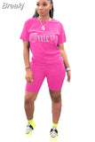 Juicy Print Tracksuit Women Round Neck Short Sleeve Tshirt And Shorts Two Piece Sets Summer Sporty Fitness Outfits