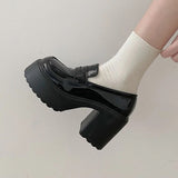 heels loafers Women Shoes Black Chunky Heel Pumps Leather Lolita Style Platform Cover Heel Slip-On Sexy Shoes Lady