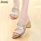 Summer New Mid Heel Chunky Heel Women's Slippers Open Toe High Heel Rhinestone Ladies'