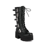 Women Leather Chunky Motorcycle Boots Punk Midi Calf 2023 Autumn Winter Gothic Black Size 35-44 Zip Bat Buckles Platform