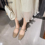 Crystal Pearl Flat Shoes Woman Square Toe Office Lady Luxury Shoes Big Size Mary Janes Shoes 2024 New Spring Single
