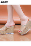 Golden Women Slippers Summer Shoes Platform(4cm) Outside Fitting-room 11cm High Heels Wedges Solid Mesh Female