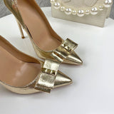 silver bow decoration gold pointed toe 8cm 10cm 12cm high thin heel dating party plus size ladies pumps YG052