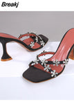 Strap Rhinestone Flower Sandals Ladies Runway Slippers Summer Sexy Designer High Heel Mules Shoes Women Party Dress