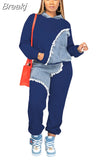 Fall Winter Casual Hoody Two Piece Sets Women Outfits Fashion Denim Splicing Long Sleeve Pullover And Pants