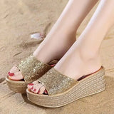 Gold Silver Sequins Wedges Slippers for Women 2023 Summer Open Toe Platform Sandals Woman High Heels Slides Ladies