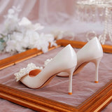 Luxury Pearl Bowknot Wedding Pumps Women Sexy Stiletto Heels Party Shoes Woman Silk Pointed Toe Rhonestone Pumps
