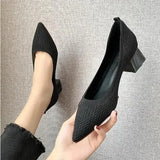 Heel Stretch Knitted Pumps Shoes Women's Shallow Flats High Heels Dress Shoes Pointed Toe Mesh Breathable Cozy