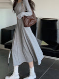 One Piece Dress Korean Fashion 2023 Autumn Basic Long Sleeve Casual Midi Dress Pure Color Even Party Dress Female