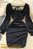 Autumn Winter Velvet Dress for Women Sexy Chain Criss Cross V-neck Long Sleeve High Waist Folds Mini Party Dress