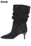 Women's Boots Snakeskin Print Pleated Mid Heel Party Shoes Pointed Toe Slip On Sexy Stiletto Women Motorcycle